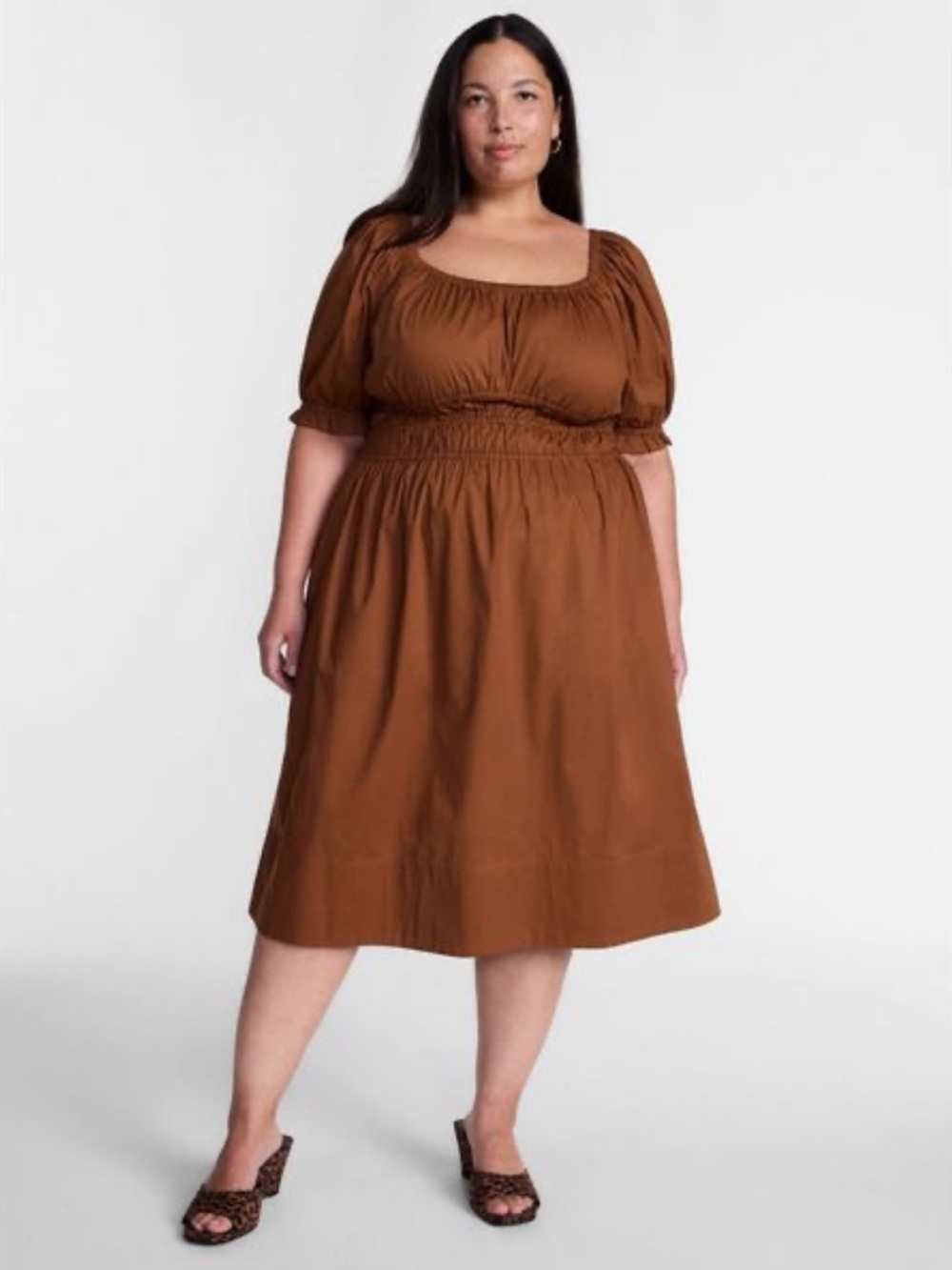 Terra & Sky Women's Plus Smocked Cotton Midi Dress with Short Puff Sleeves